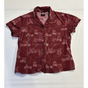 Kid's Harley Davidson Short Sleeve Button Down Maroon Allover Print Size L
